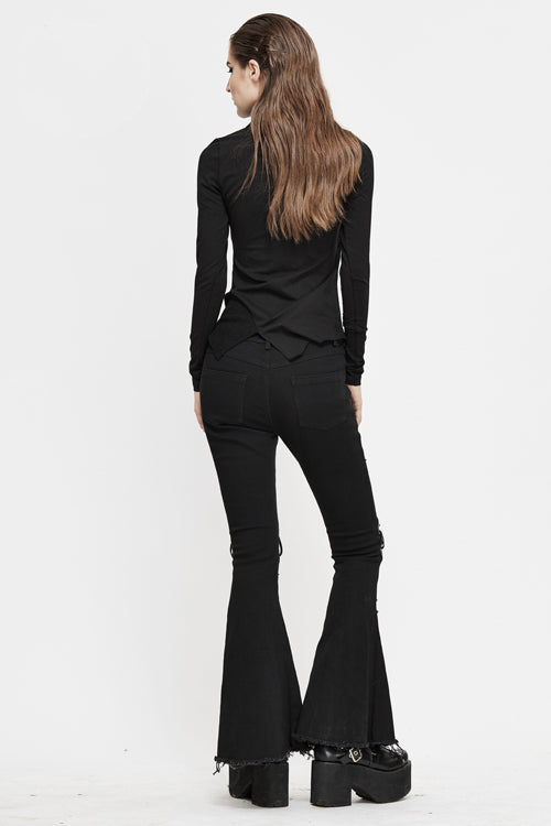 Black Punk Nailed Knee Cutoff Bellbottomed Womens Pants
