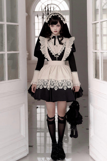 Black [Letters and Poems·Nocturne] Nun Long Sleeves Ruffle Gothic Lolita Short Dress