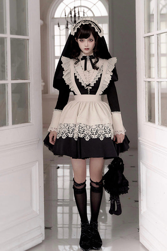 Black [Letters and Poems·Nocturne] Nun Long Sleeves Ruffle Gothic Lolita Short Dress