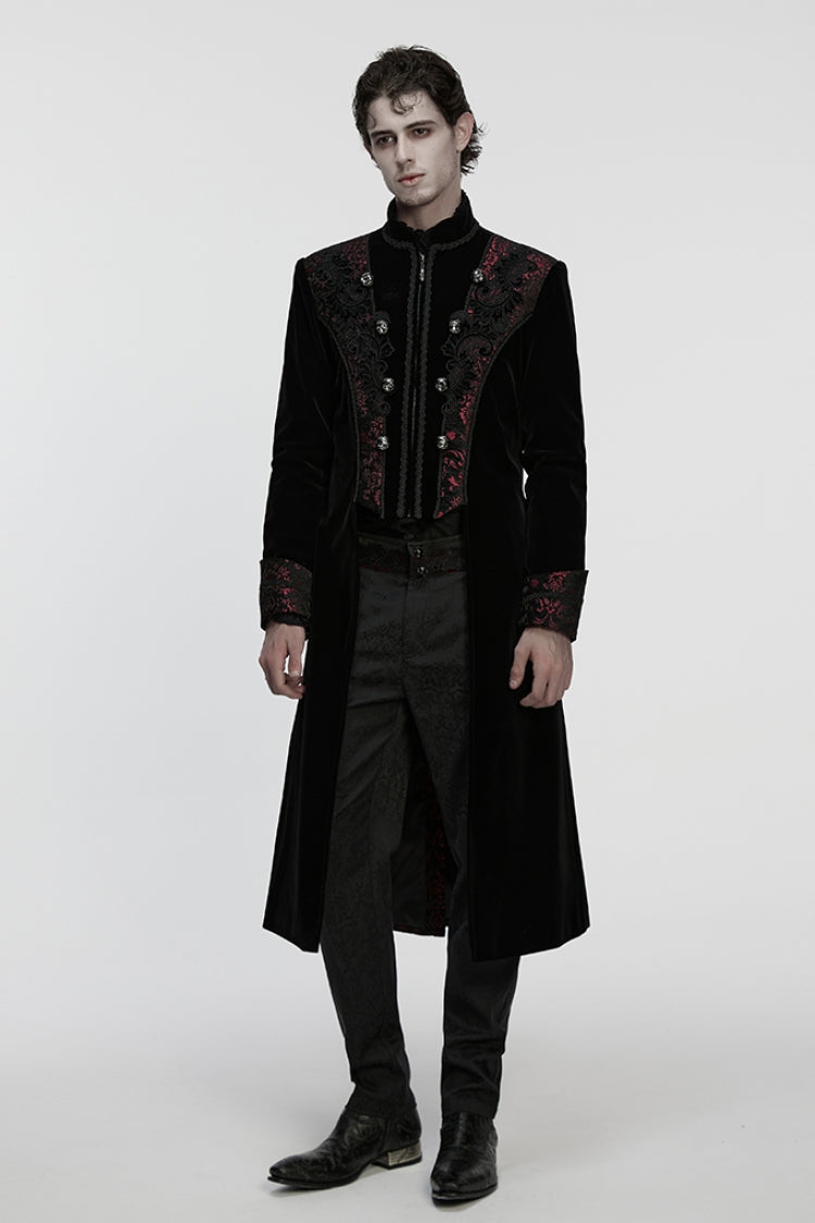 Black/Red Stand Collar Long Sleeves Floral Jacquard Bouble-breasted Zipper Men's Gothic Coat