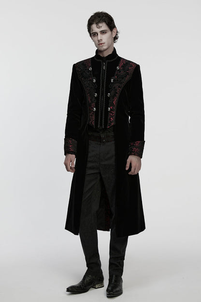 Black/Red Stand Collar Long Sleeves Floral Jacquard Bouble-breasted Zipper Men's Gothic Coat