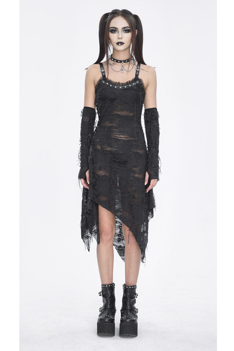 Black Sleeveless Lace Irregular Womens Gothic Strap Dress
