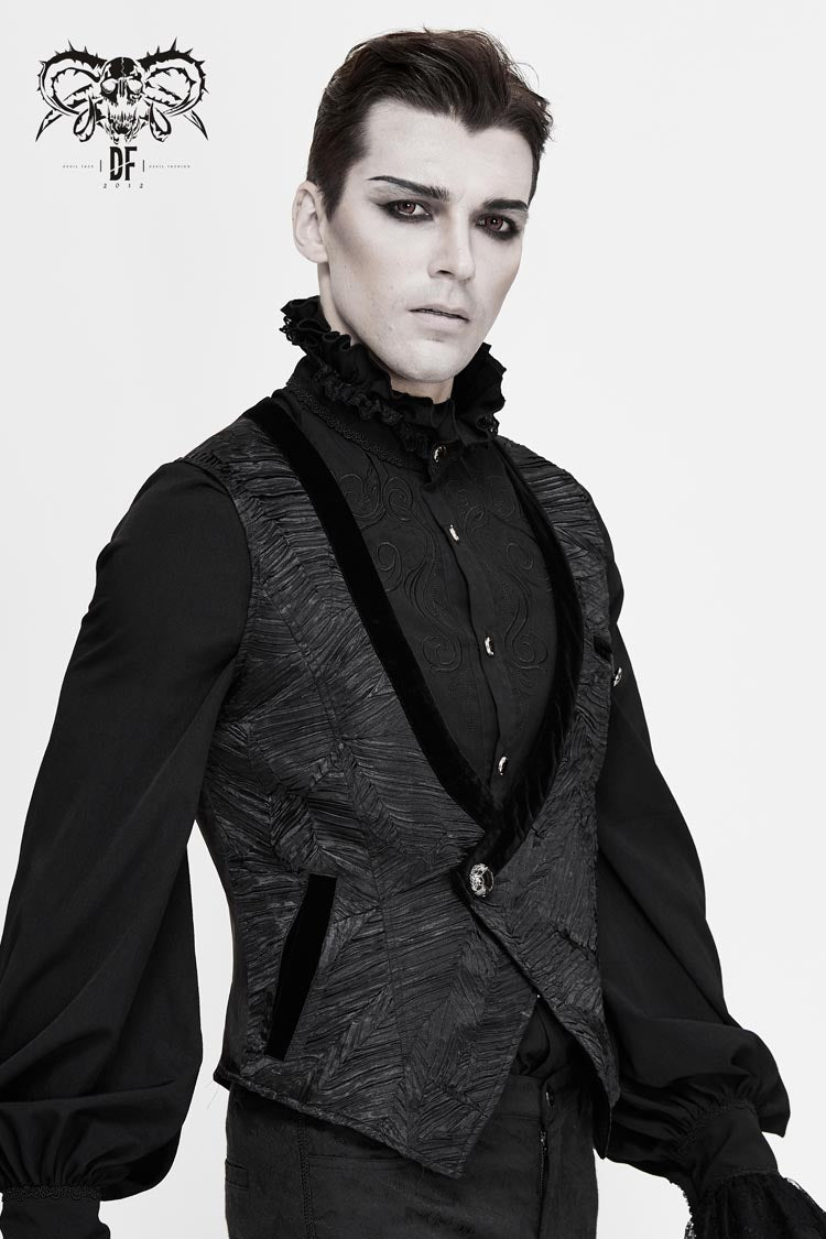 Black Velveteen Asymmetrical Pleated Splice Waist Loop Men's Gothic Waistcoat