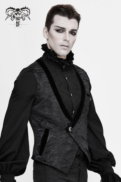 Black Velveteen Asymmetrical Pleated Splice Waist Loop Men's Gothic Waistcoat