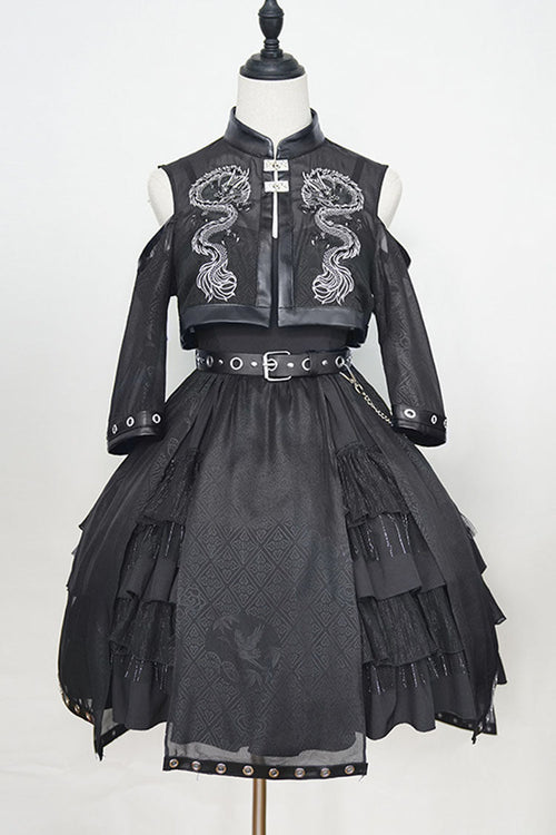 Dark Boat Neck Dragon Print Chinese Style High Waisted Multi-Layer Ruffled Gothic Lolita Jsk Dress