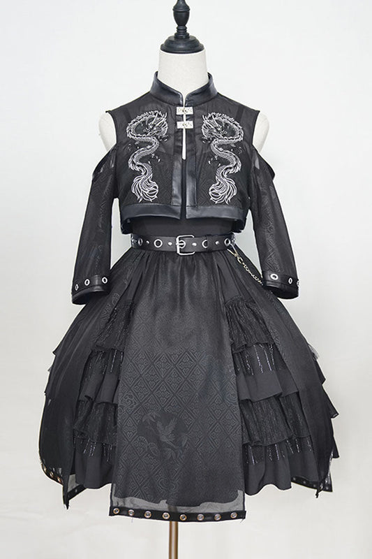 Dark Boat Neck Dragon Print Chinese Style High Waisted Multi-Layer Ruffled Gothic Lolita Jsk Dress
