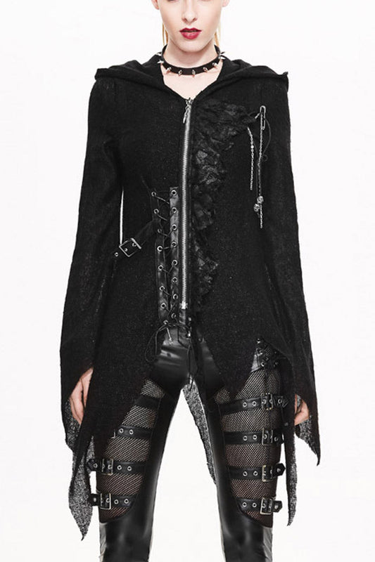 Black Vintage Hooded With Leather Details Women's Punk Jackets