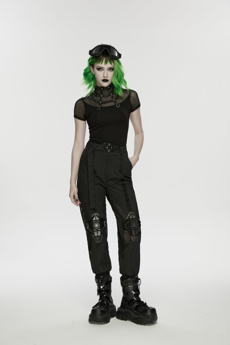 Black Stand Collar Short Sleeves Zippered Women's Punk Rivets&Eyelets T-Shirt