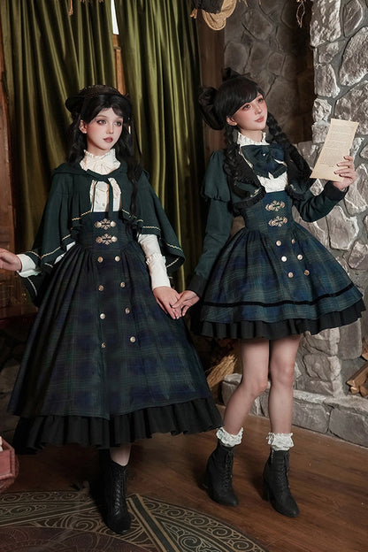 Blue/Green [Berlin's letter] Double-Layered Plaid Print Ruffle Bowknot Classic College Style Lolita Strap Dress Set 2 Versions