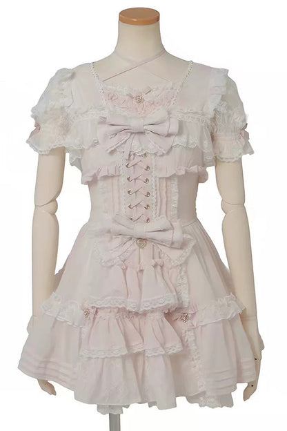 Jirai Kei Short Sleeves Triple-Layered Printed Ruffled Bow Lace-Up Sweet Japanese Dress Set 3 Colors