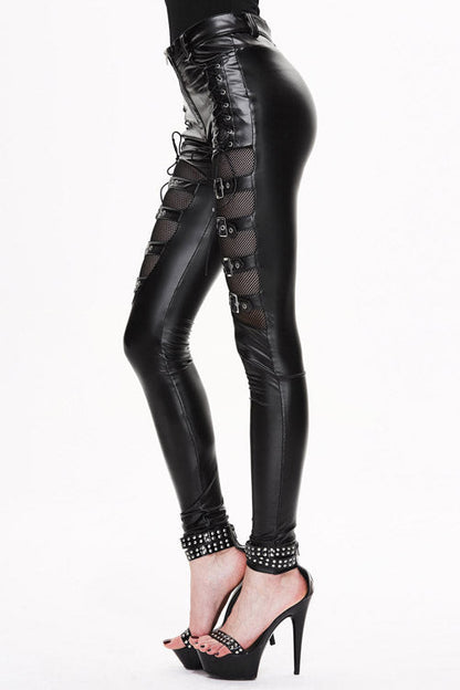 Black Punk Mesh Elastic Biker Leather With Loops Womens Pants