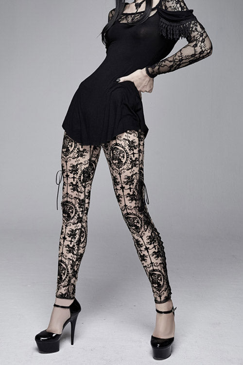 Brown Flocking Printing Mesh Side Lace Up Leggings Womens Pants
