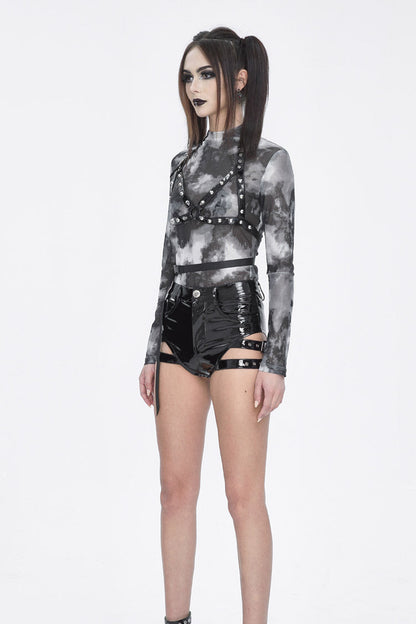 Black/Gay Tie Dyed Strappy Long Sleeved Womens Punk Shirt