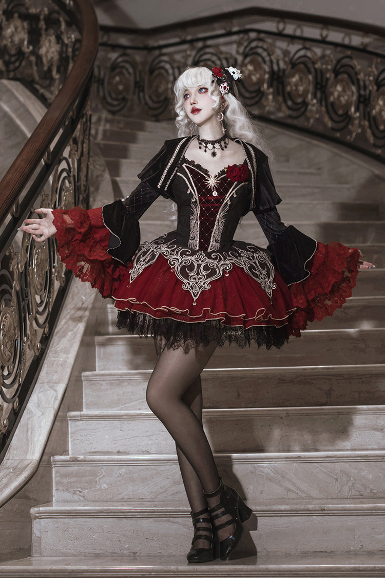Black/Red [Blood Clan Feast] Ruffle Embroidery Lace Gothic Lolita Jsk Dress Set