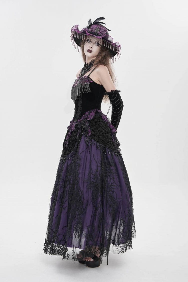 Black/Purple Lace-Up Women's Gothic Embroidered Tassels  Overbust Corset
