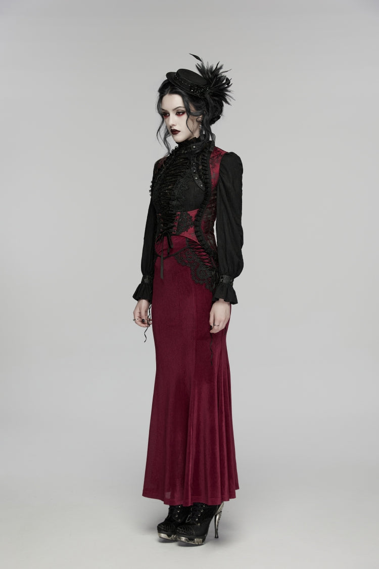 Black/Red Jacquard Embroidered Lace Lace-Up Slim Women's Gothic Vest