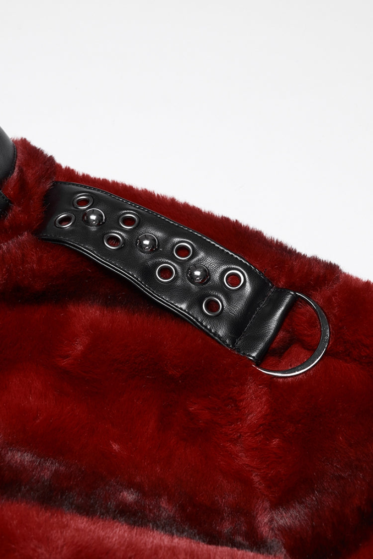Red Stand Collar Long Sleeves Buckle Straps Faux Fur Women's Punk Short Cloak