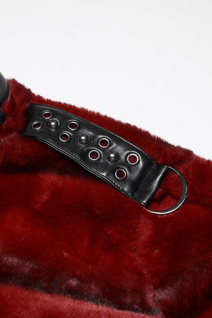 Red Stand Collar Long Sleeves Buckle Straps Faux Fur Women's Punk Short Cloak