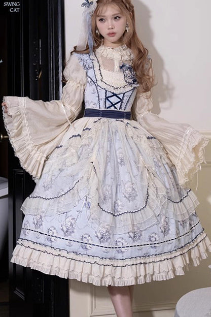 Blue [Swing Cat] Print Ruffle Bowknot Lace Sweet Elegant Lolita Jsk Dress
