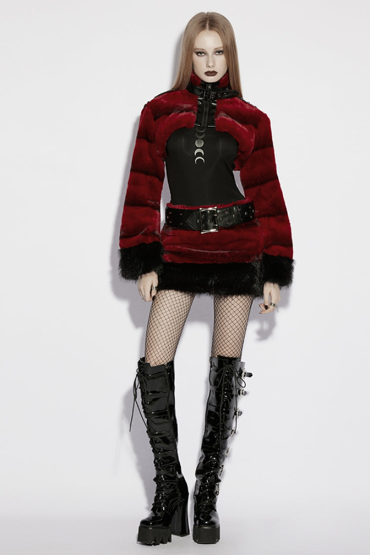 Red Stand Collar Long Sleeves Buckle Straps Faux Fur Women's Punk Short Cloak