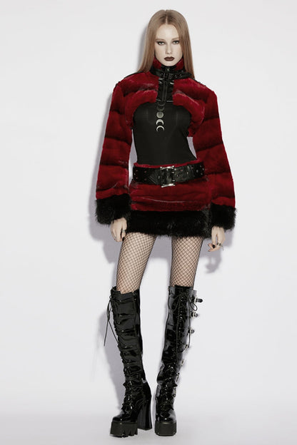 Red Stand Collar Long Sleeves Buckle Straps Faux Fur Women's Punk Short Cloak