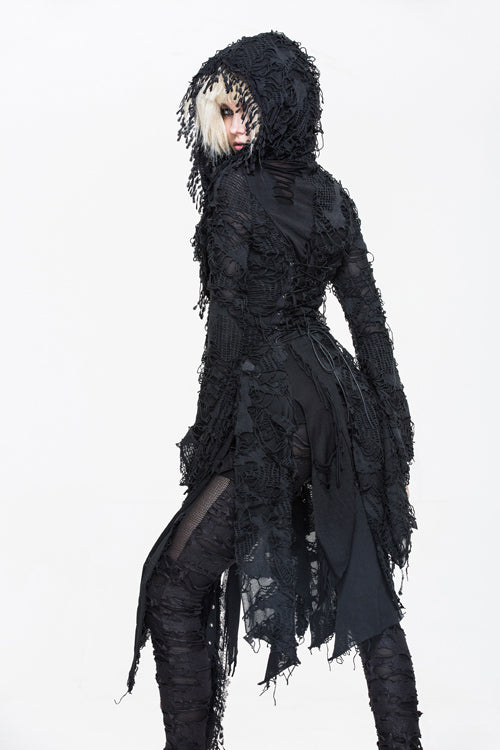 Black Ragged Horn Sleeves Womens Punk Long Coat