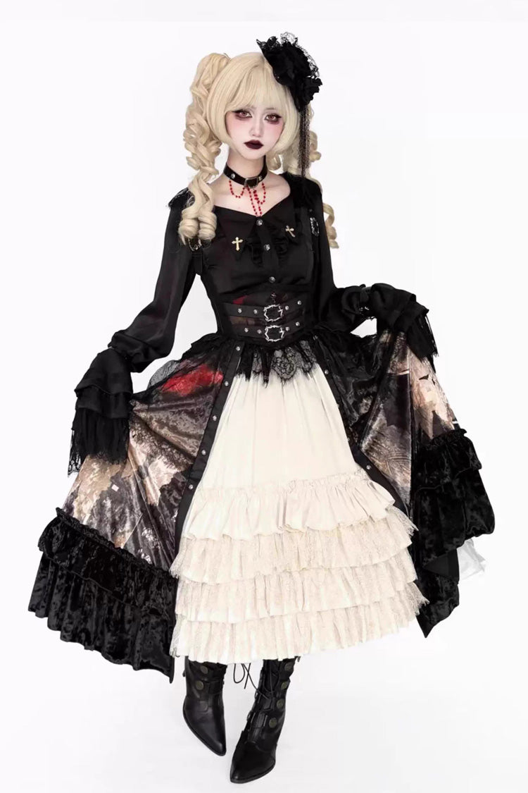 [Heretical Nun] Sleeveless Multi-Layered Printed Ruffled Open-Front Gothic Plus Size Lolita Strap Dress Short Version 2 Colors