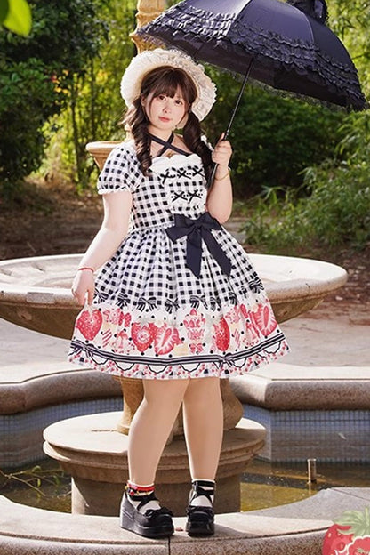 Black Short Sleeves Strawberry Plaid Print Bowknot Sweet Plus Size Princess Lolita Dress
