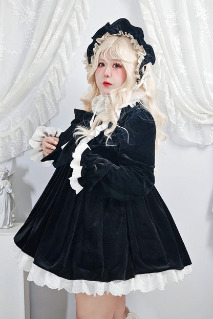 Black [Antique Velvet Doll] Stand Collar Long Sleeves Ruffled Bow Gothic Plus Size Lolita Dress