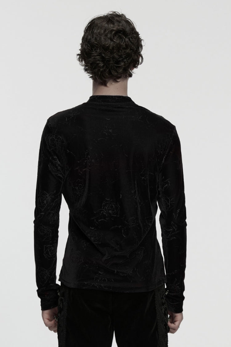 Black Stand Collar Long Sleeves Rose Embossed Lace-Up Zippered Men's Gothic Top