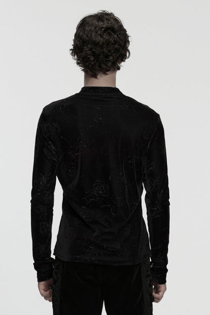 Black Stand Collar Long Sleeves Rose Embossed Lace-Up Zippered Men's Gothic Top