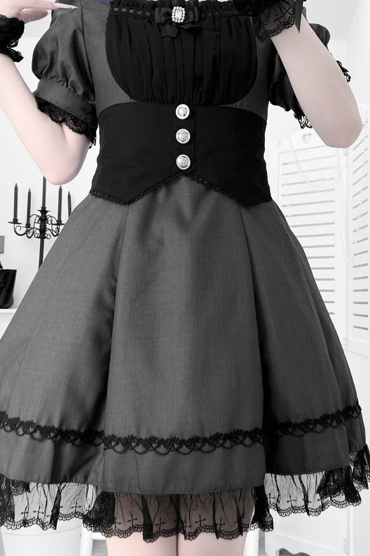 Black/Grey Short Sleeves Ruffle Bowknot Cross Waist Maid Sweet Japanese Lolita Dress Set
