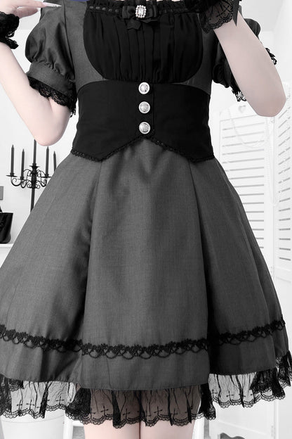 Black/Grey Short Sleeves Ruffle Bowknot Cross Waist Maid Sweet Japanese Lolita Dress Set