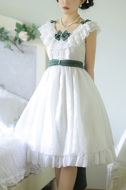 White Round Collar Sleeveless Ruffle Bowknot Sweet Lolita Dress