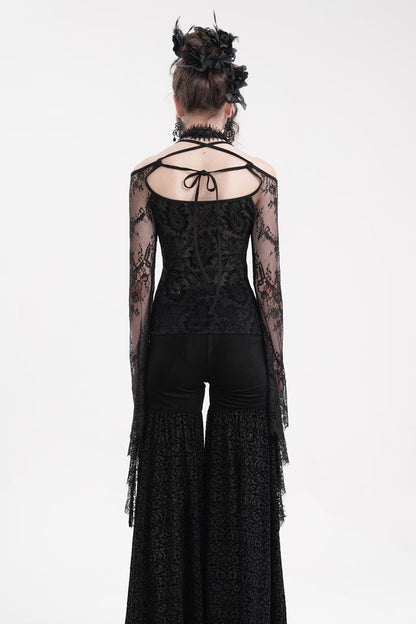Black Long Sleeves Hollow Lace Mesh Ripped Women's Gothic Blouse