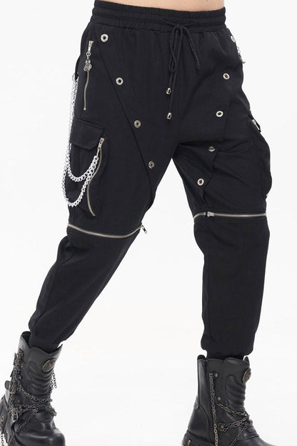 Black Punk Multi Pocket Skull Claw Metal Chain Decorative Zipper Wear More Men's Long Pants