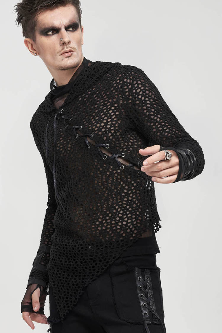 Black Punk Long Sleeve Elasticity Big Hole Mesh Drawstring Design Irregular Hooded Men's Shirt
