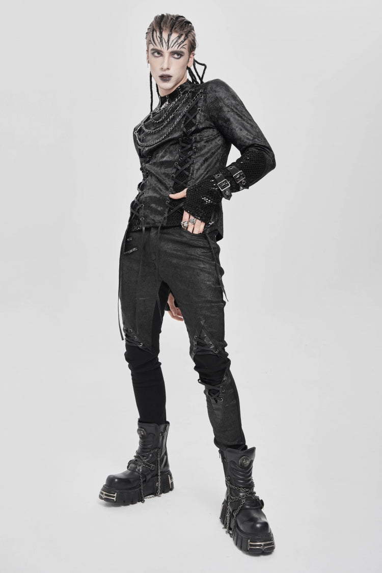 Black Stitching Lace-Up Mesh Chain Men's Punk Blouse