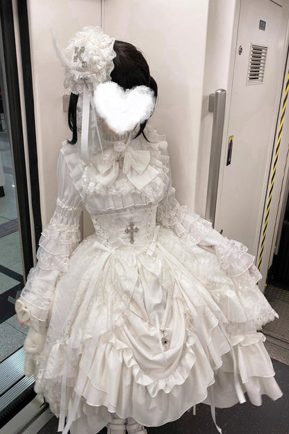 White [Eternal Taboo] Long Hime Sleeves Ruffled Bow Gothic Lolita Skirt Dress Set