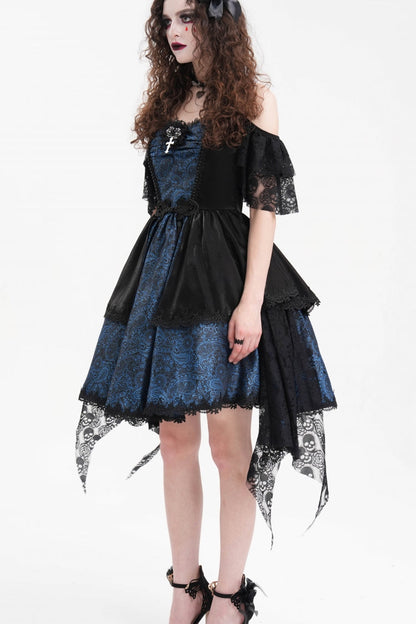 Blue Halterneck Lace Lace-Up Irregular Hem Women's Gothic Dress