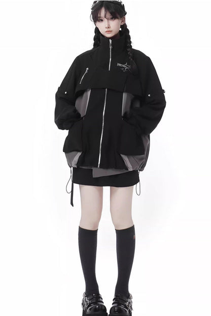 Black [Holographic Cruise] Techwear Long Sleeves Spliced Zippered Gothic Jirai Kei Skirt and Coat Set