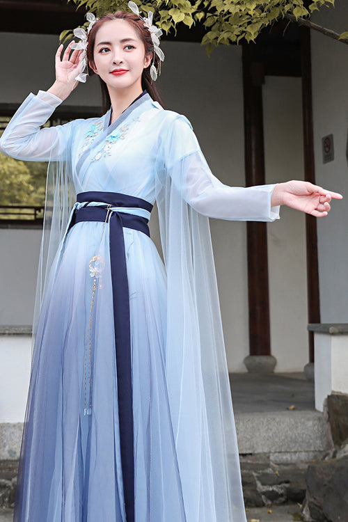 Blue Glazed Chest Embroidered Sweet Hanfu Dress