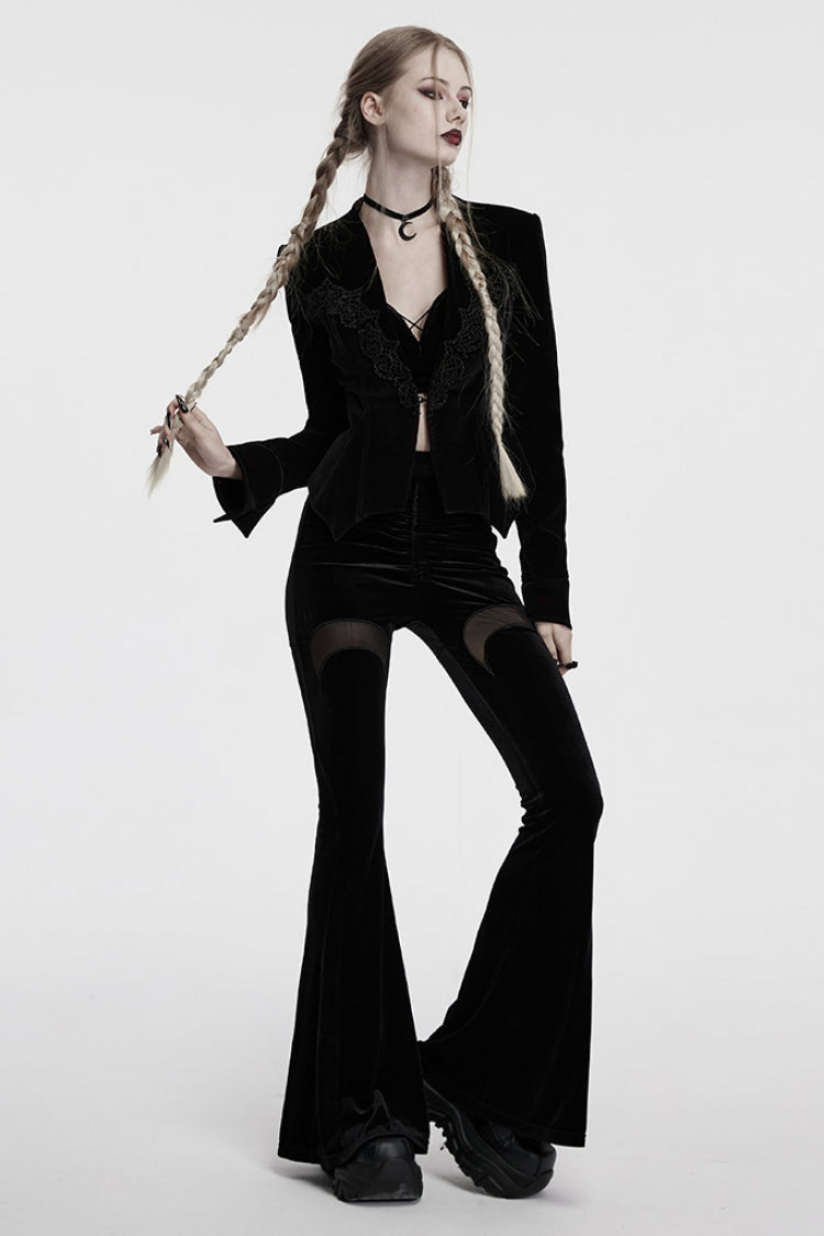 Black V Collar Long Sleeves Floral Embroidery Lace-Up Women's Gothic Jacket
