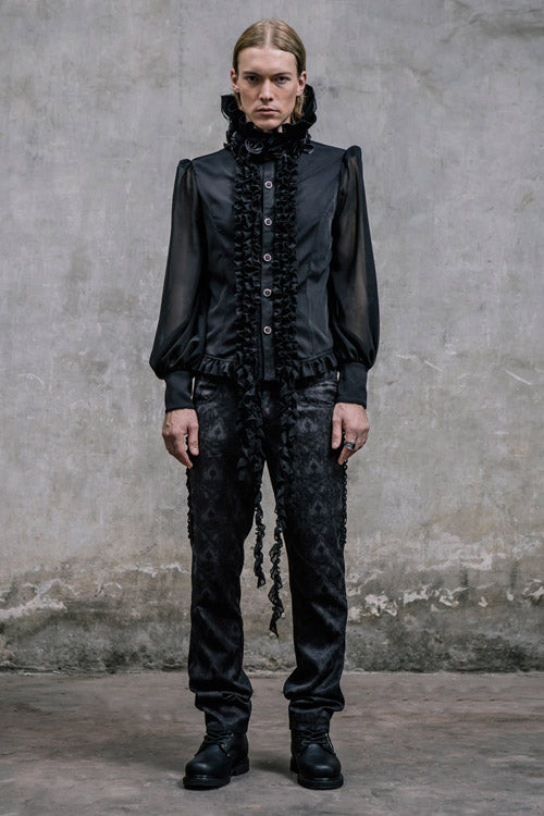 Black Side Discoid Flowers Back Waist Lace Up Gothic Jacquard Mens Pants