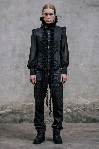 Black Side Discoid Flowers Back Waist Lace Up Gothic Jacquard Mens Pants