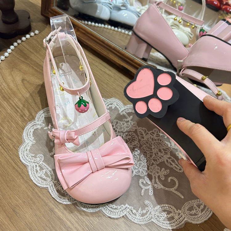 Round Toe Bow Mid Heel Lolita Mary Jane Shoes with Cat Paw Heels & Ankle Bells 6 Colors