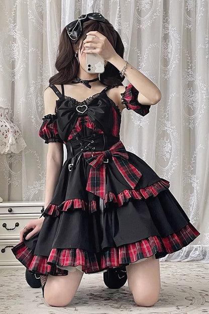 Black/Red Plaid Print Color Contrast Leather Buckle Bowknot Ruffle Gothic Lolita JSK Dress