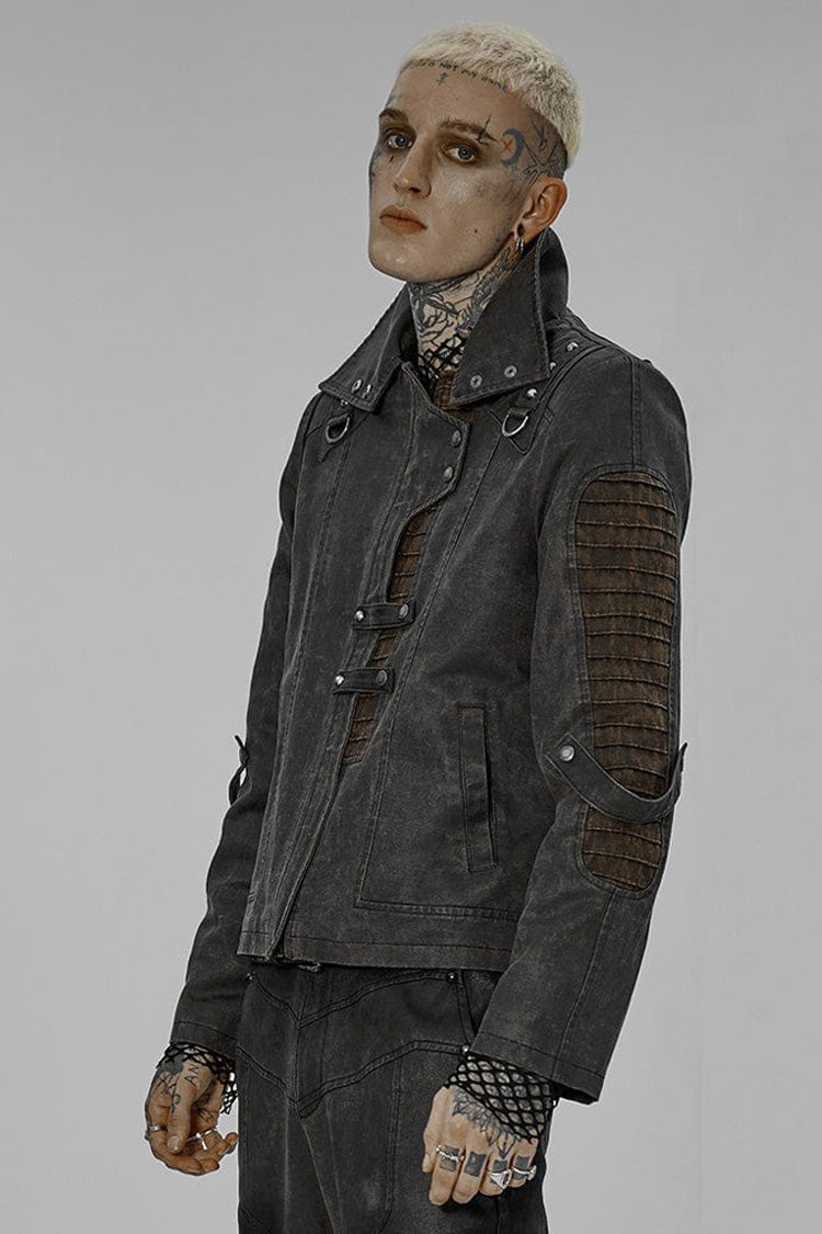 Grey Punk Post Apocalyptic Stitching Asymmetric High Neck Metal Embellished Short Loose Men's Coat