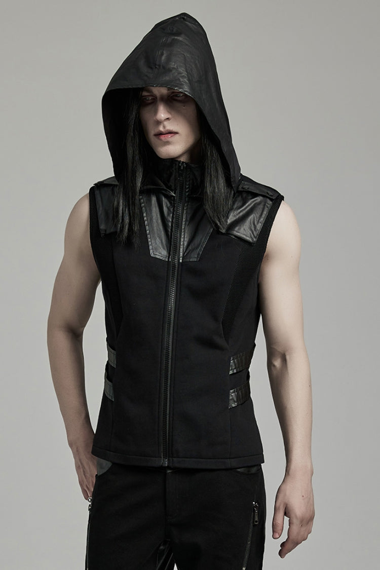 Black Stitching Hooded Men's Punk Vest