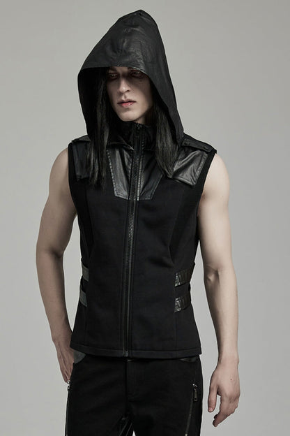 Black Stitching Hooded Men's Punk Vest